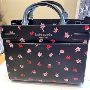 Kate Spade Medium Staci Satchel Black Floral with shoulder strap- gently used